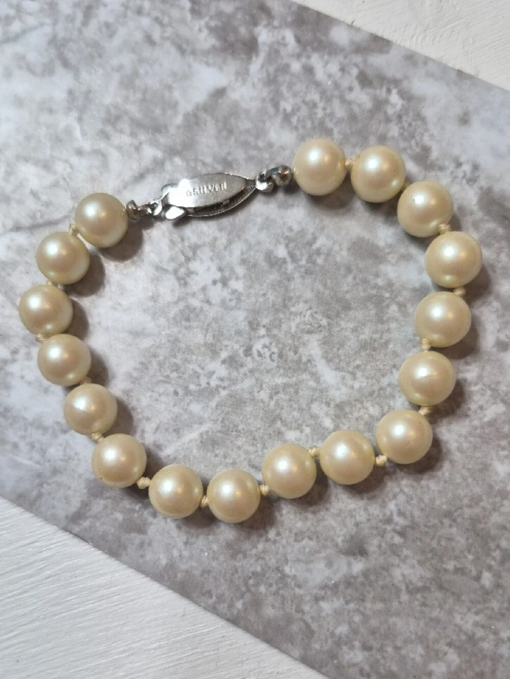 Vintage G Silver 8mm Pearl Hand Knotted German Silver Bracelet Filigree Clasp 7